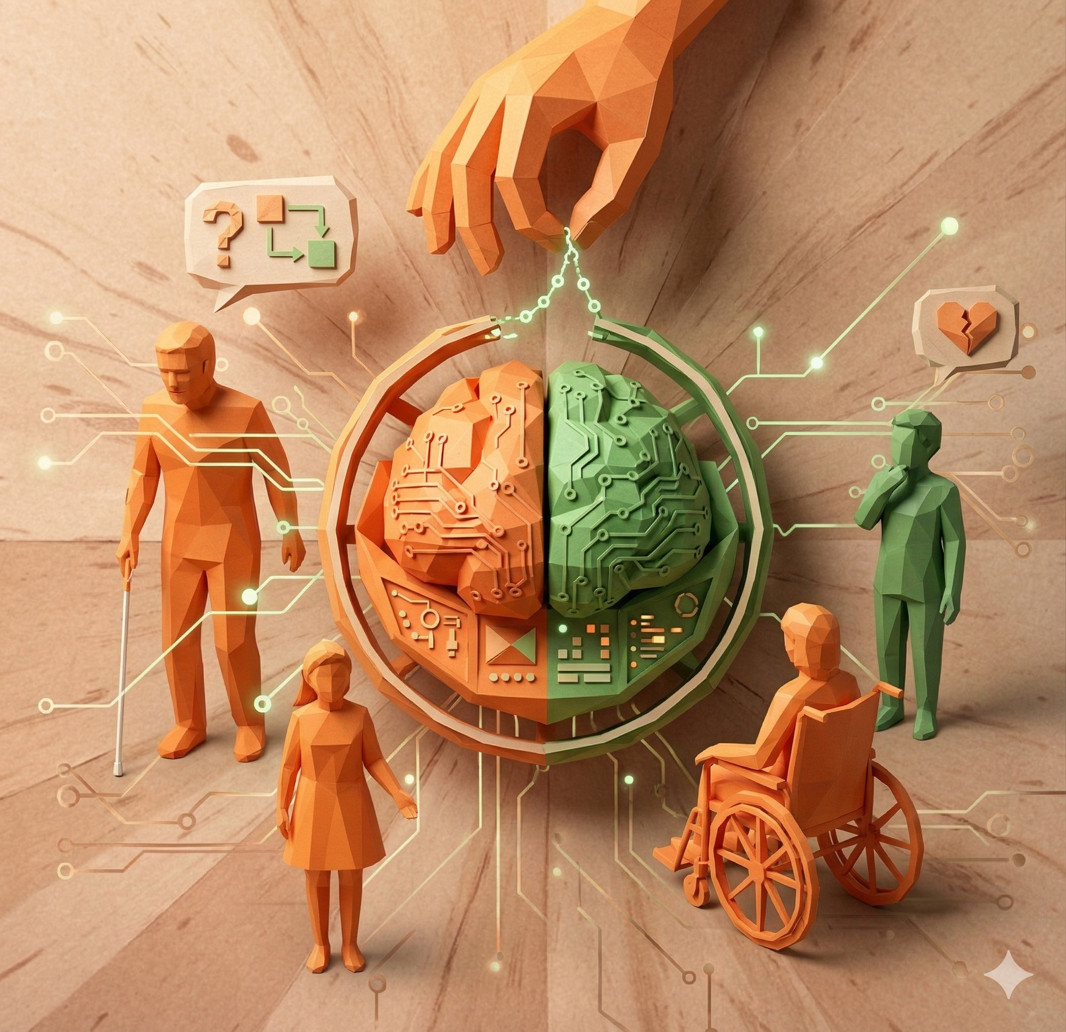 Paper-cut illustration of diverse people — including a person in a wheelchair and a person with a cane — surrounding an AI brain connected by glowing circuit lines, representing human-centered and disability-informed AI design